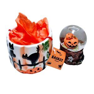 Halloween Ceramic Basket & Snow Globe Bundle With Pumpkin & Cat Design